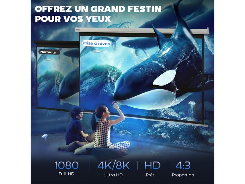  Écran vidéoprojecteur 84 pouces, 4:3 4k hd écran de projection motorisé et électrique, écran de projection tv et home cinéma, panneau de commande et télécommande, montage mural ou plafond  - Conforama A