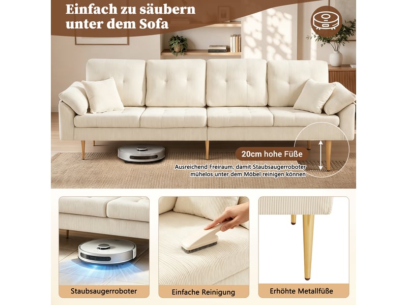  Canapé d'angle 4 places en tissu cordon avec pouf flexible, convertible en l, coussins épais moelleux, pieds en fer 20 cm, 250 cm, pour salon  - Conforama D