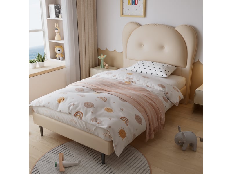 Lit enfant 90x200 cm avec sommier en pu beige chicfurn  - Conforama E