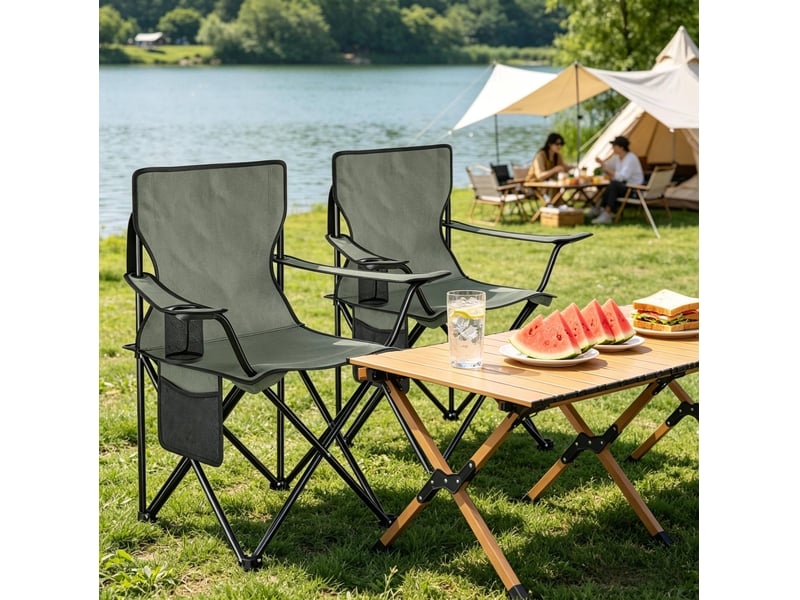 Lot de 2 chaises de camping pliantes 47x76x80,5 cm – gris foncé – porte-gobelet, poche filet et sacs - Conforama E