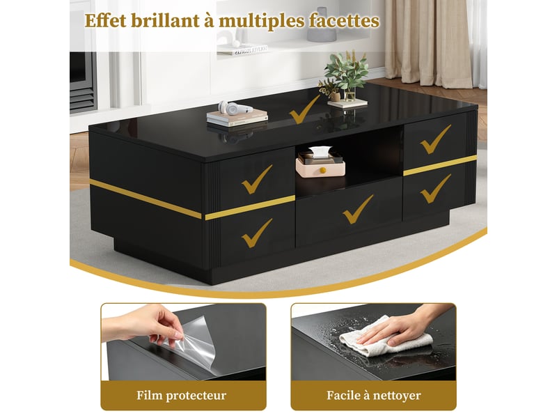  Table basse 100x50x35.5 cm - led intégrée - 2 portes à charnières - tiroir - tablette semi-ouverte - convertible - noir et or ABC - Conforama D