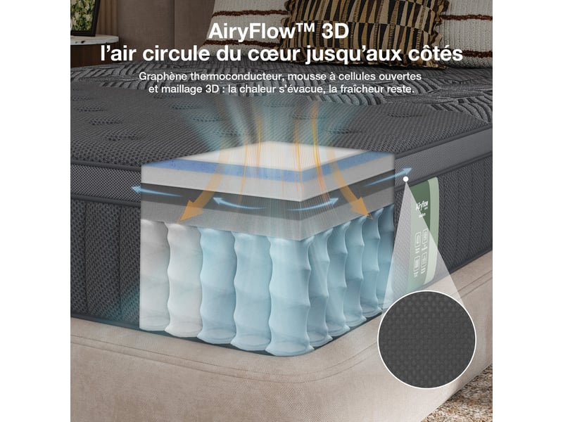  Novilla matelas 90x190 cm hybride graphène eurotop 25 cm airyflow ressorts ensachés respirant et stable  - Conforama E