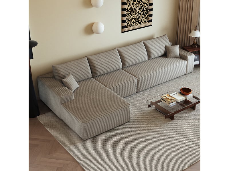  Canapé d'angle modulable 4 places en velours côtelé camel, 340 x 175 x 83 cm, méridienne gauche, sans montage, livré compressé, assise profonde CARDUME ESTIVAL - Conforama B