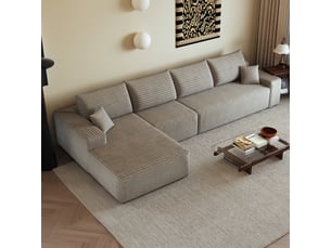 Canapé d'angle modulable 4 places en velours côtelé camel, 340 x 175 x 83 cm, méridienne gauche, sans montage, livré compressé, assise profonde
