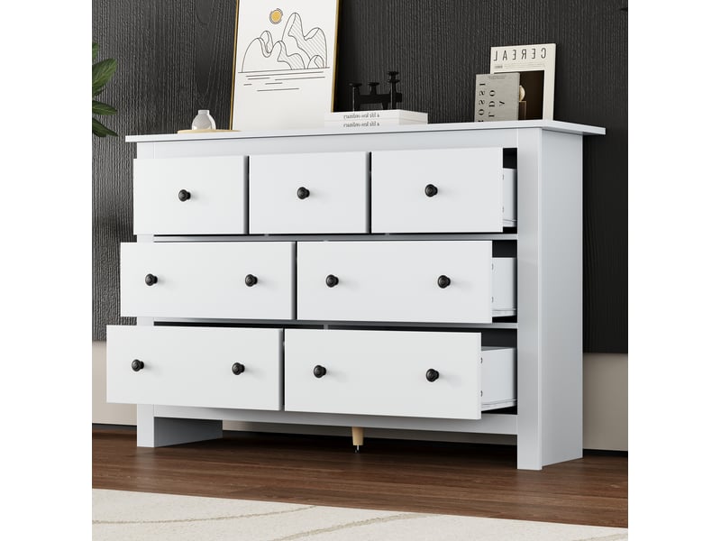  Commode 7 tiroirs 152x40x88,5 cm grande capacité, glissières soyeuses, style français, panneau de particules, blanc  - Conforama B