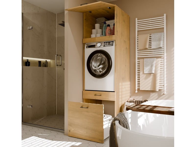 Pola Rehausse - Meuble de salle de bains, à placer au-dessus d'un lave-linge/sèche-linge - 64x50x64 cm - Chêne artisan - Conforama B