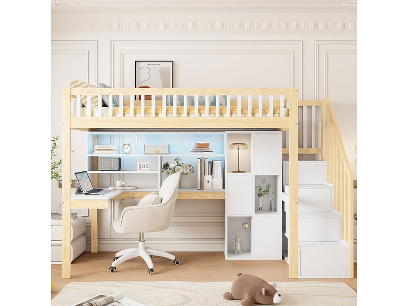  Lit mezzanine 90 x 200 cm avec bureau, rangements et led, en pin et mdf, blanc et naturel pour chambre enfant  - Conforama B