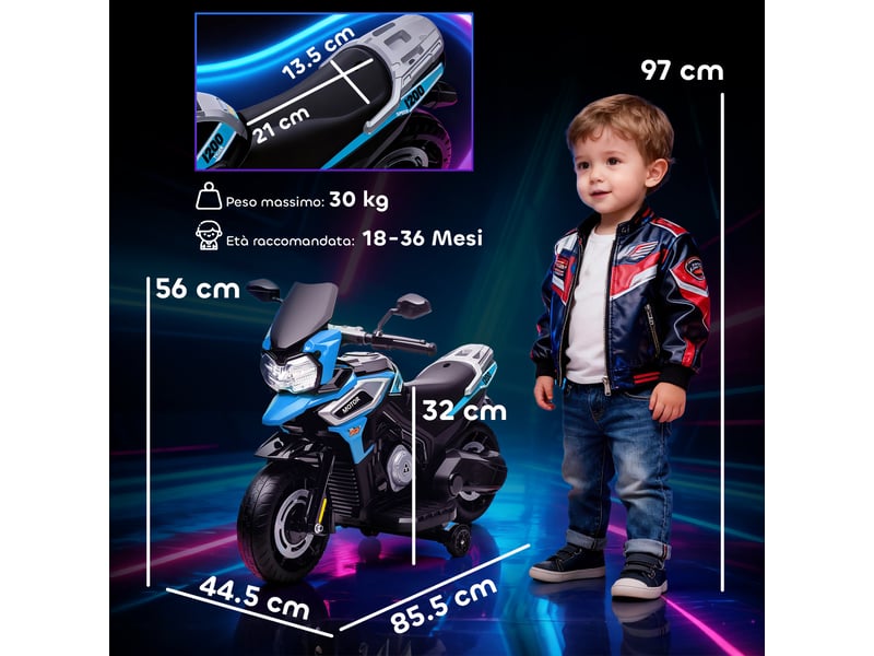 Moto électrique pour enfants avec roues, rétroviseurs et repose-pieds, en polypropylène et métal, 85,5 x 44,5 x 56 cm, bleue - Conforama E