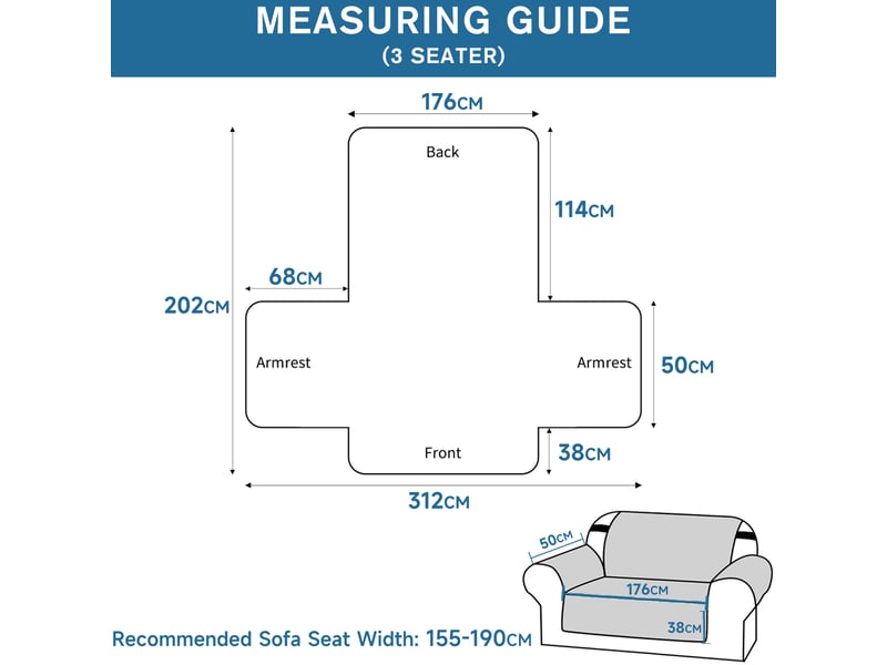  Housse de canapé 3 places (176 cm) – housse imperméable avec protection des accoudoirs – protège-canapé universel antidérapant – kaki  - Conforama B