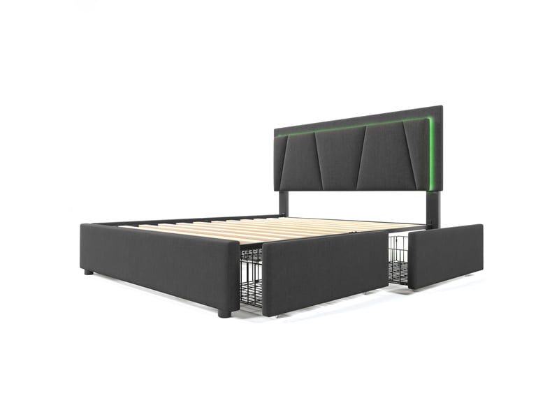  Lit coffre double 160x200 avec led, 4 tiroirs, tête réglable, lin gris, sommier bois et matelas inclus  - Conforama D
