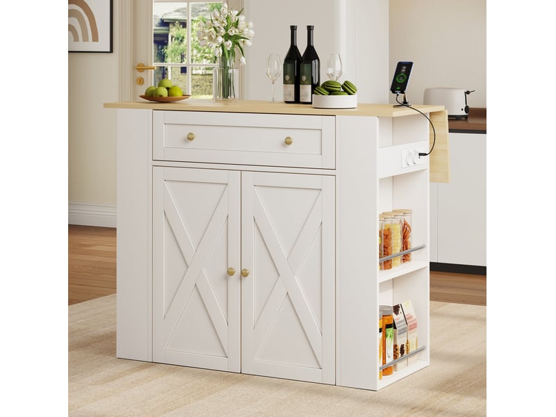 Îlot de cuisine 120x75x97 cm blanc avec plateau rabattable et prises usb  - Conforama D