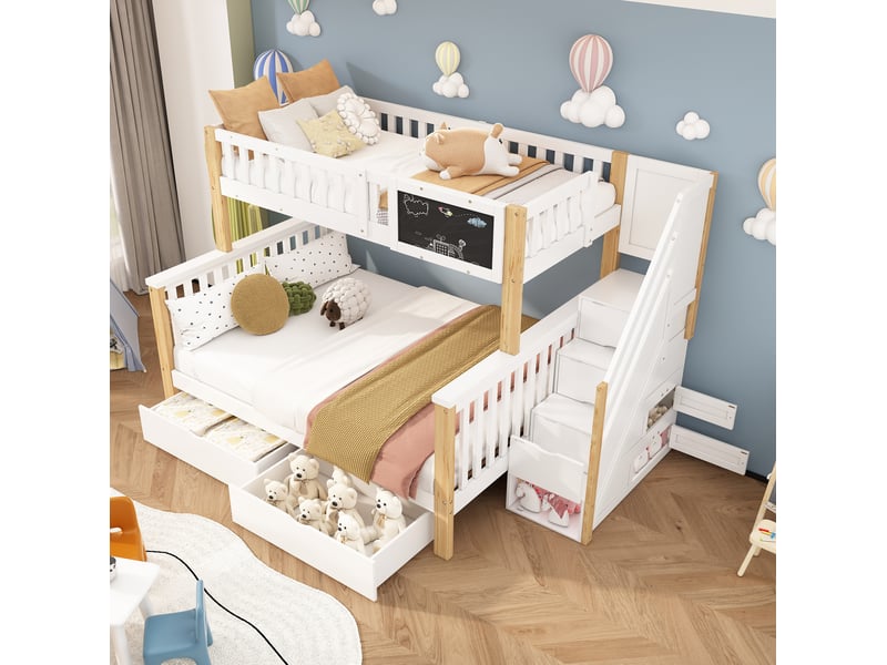  Lit superposé enfant 90x200 et 140x200 cm blanc et chêne clair avec rangements  - Conforama B