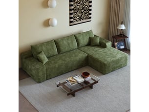 Canapé d’angle modulaire avec méridienne réversible et assise profonde sans montage en tissu côtelé vert 270 cm