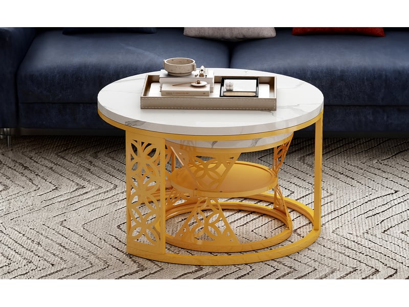  Table basse gigogne ronde 2 pièces effet marbre blanc structure métal doré cravdom  - Conforama E