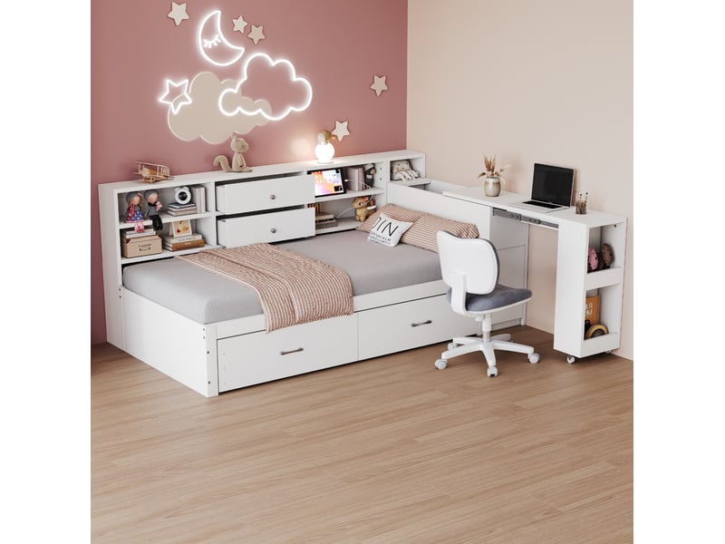  Modenvie lit 1 place 90x200 cm - avec rangement intégré, bureau extractible et ports usb - blanc  - Conforama B