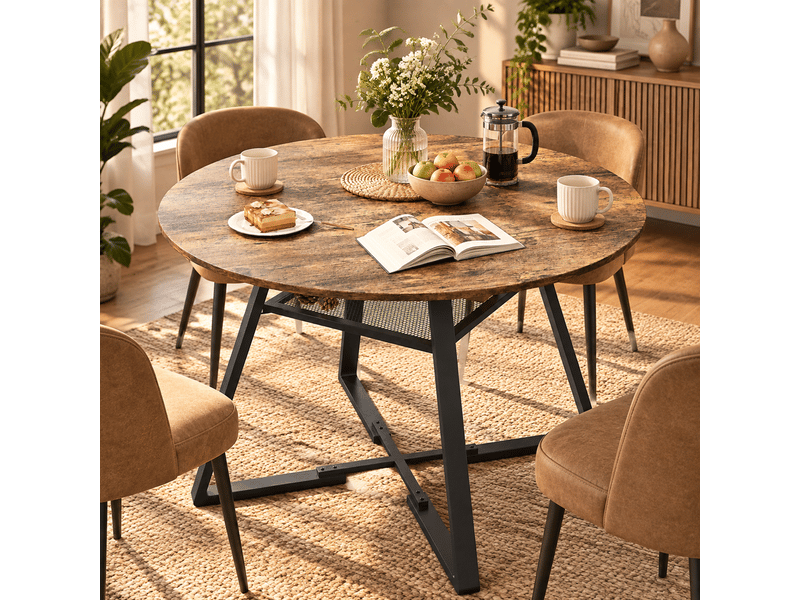 Table à manger ronde pour 6 personnes, table de cuisine style industriel avec plateau aspect bois et pied en métal, 120 x 75 cm - Conforama B