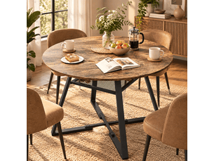 Table à manger ronde pour 6 personnes, table de cuisine style industriel avec plateau aspect bois et pied en métal, 120 x 75 cm