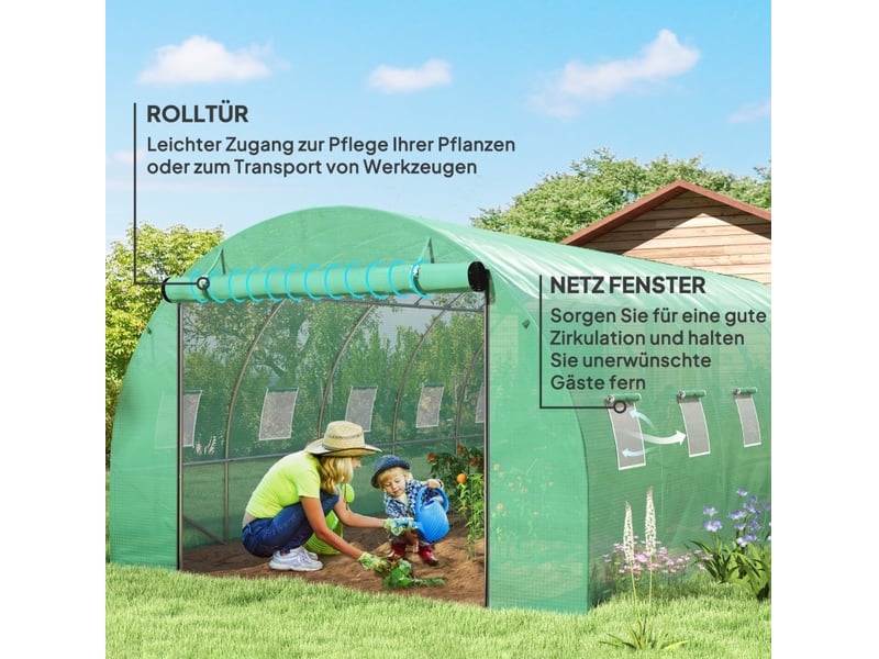  Serre tunnel de jardin 600 x 300 x 197 cm, couverture plastique, cadre acier, portes enroulables, verte  - Conforama D