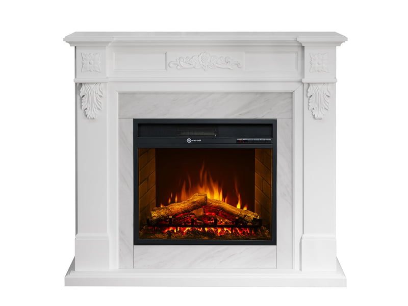 Truman - cheminée électrique sur pied avec effet flamme 121 x 108 x 38 cm, finition bois effet marbre blanc - Conforama C