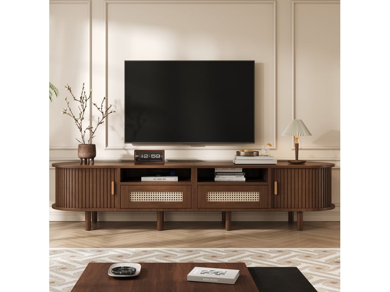  Meuble tv ovale 170 x 40 x 40 cm noyer foncé avec 2 tiroirs et 2 portes coulissantes  - Conforama B