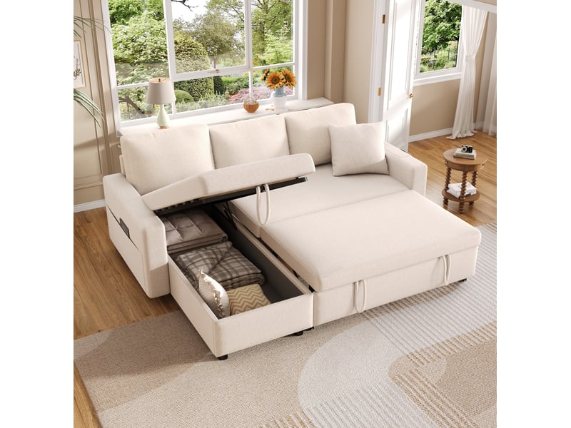  Canapé d'angle convertible 4 places beige en tissu, méridienne réversible avec rangement et poches latérales  - Conforama B