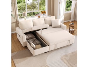 Canapé d'angle convertible 4 places beige en tissu, méridienne réversible avec rangement et poches latérales