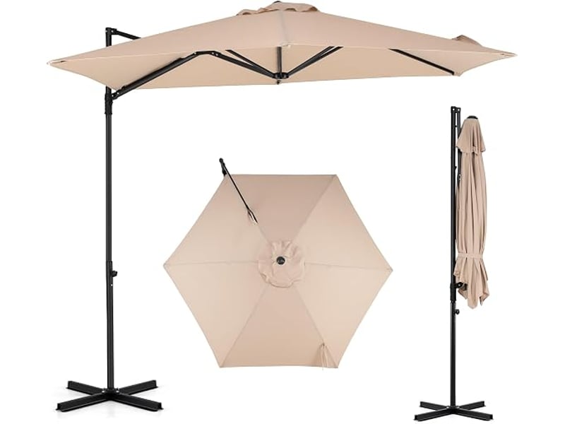  Parasol déporté hexagonale à pied, hauteur 240 cm | pivotant à 360°, manivelle, toile inclinable à double couche, parasol de jardin extérieur  - Conforama A