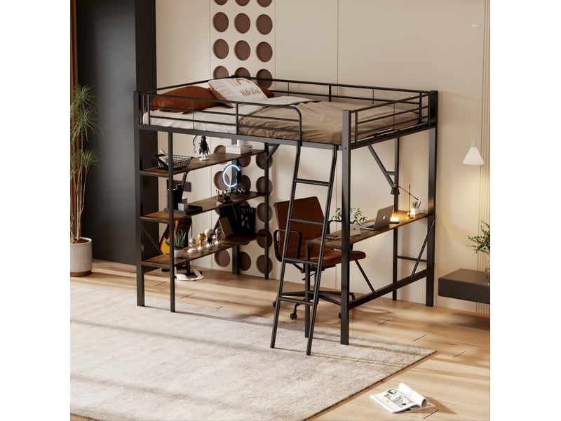 Lit mezzanine 90x200 cm en métal avec bureau et 3 étagères, noir, dès 6 ans - Conforama E