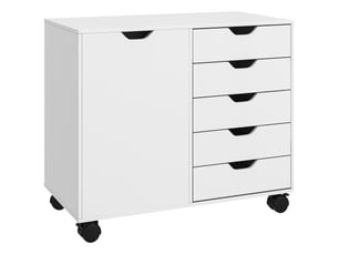 Meuble de rangement pour bureau 5 tiroirs 1 porte étagère réglable, support imprimante roulettes, 78x40x66,5 cm, blanc