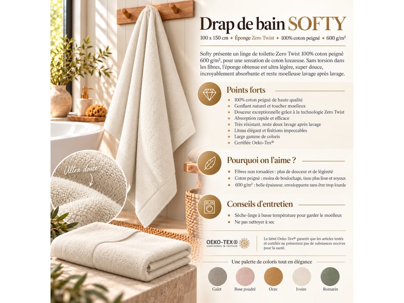  Drap de bain softy 100 x 150 cm éponge zero twist 100% coton peigné 600 gm² ardoise CP-DDBAINSOFTY-ARDOISE - Conforama D