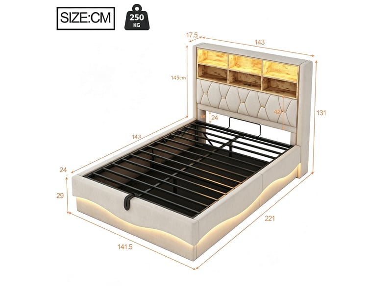  Lit double 140 × 200 cm avec coffre hydraulique, led connectée, port usb et sommier métal pour chambre beige  - Conforama C