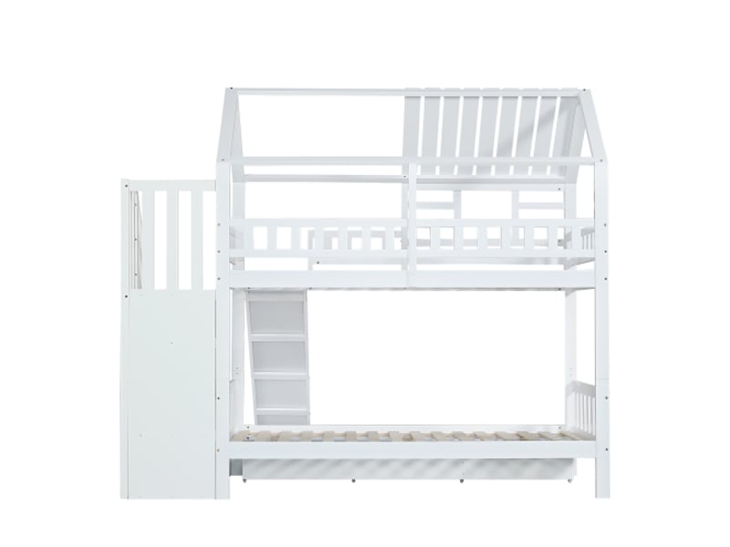 Lit superposé enfant 90x200 cm, lit simple, lit cabane, toboggan, escalier rangement, tiroirs, barrière sécurité, blanc, sans matelas - Conforama E