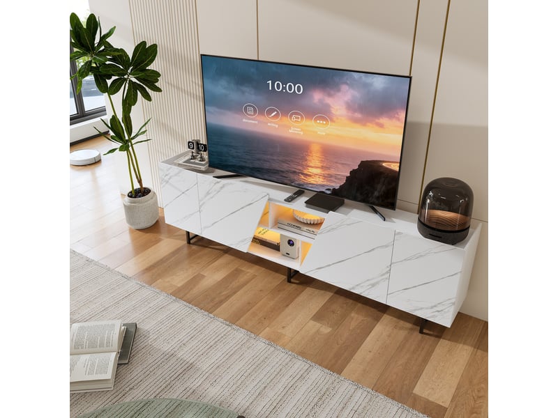 Meuble tv - 220 x 34.5 x 67.7 cm-blanc et marbre - avec portes biseautées et éclairage led - meuble de salon design - Conforama C