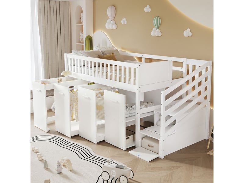  Lit superposé 90 x 200 cm protection anti-chute et barrières bureau armoire et rangements 2 rangements dans l'escalier  - Conforama D