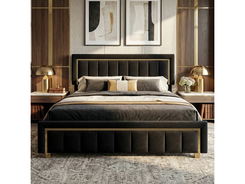  Dreammespace lit coffre 160x200 cm - lit queen size avec grand coffre hydraulique et sommier, velours lignes dorées noir moderne DreamMespace - Conforama C