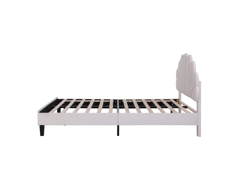  Lit double 140x200 cm en velours beige, tête de lit fleur rembourrée et sommier à lattes  - Conforama D