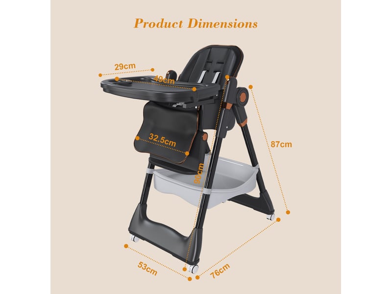  Chaise haute bébé pliable réglable avec harnais 5 points, roulettes verrouillables, en polypropylène noir  - Conforama D