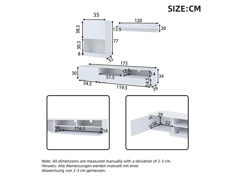  Meuble tv blanc brillant led 175x39x34 cm – ensemble 3 pièces avec vitrine, écran jusqu’à 80 pouces  - Conforama C