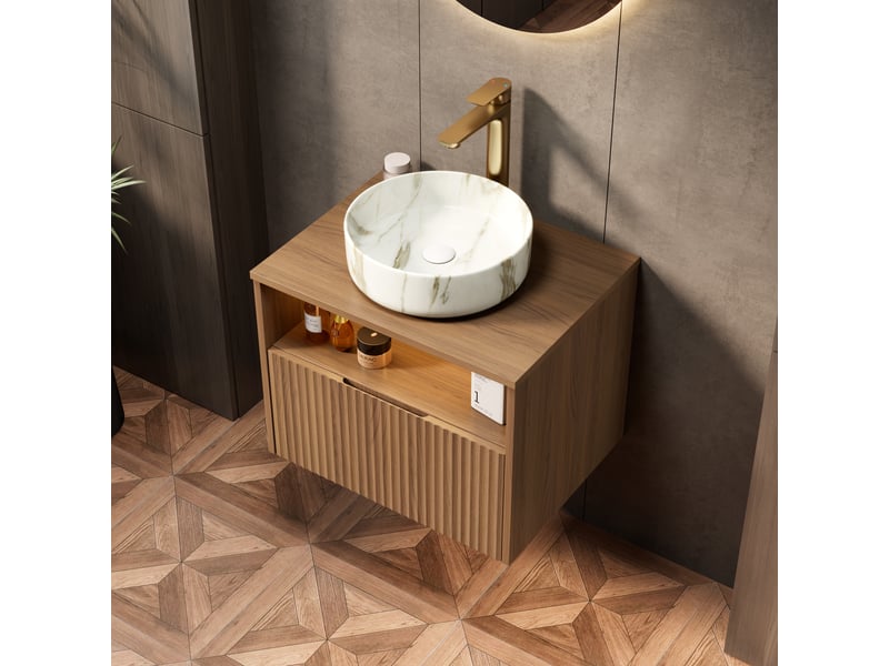 Meuble vasque suspendu avec tiroir, étagère et éclairage à détection - lpospi - céramique, chêne brun et blanc pierre  - Conforama C