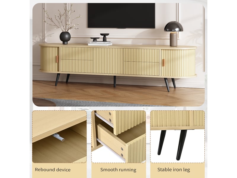  Meuble tv ovale 180 x 40 x 45 cm, finition aspect bois, 4 tiroirs, 1 compartiment à porte coulissante, pour téléviseur jusqu'à 80 pouces  - Conforama C