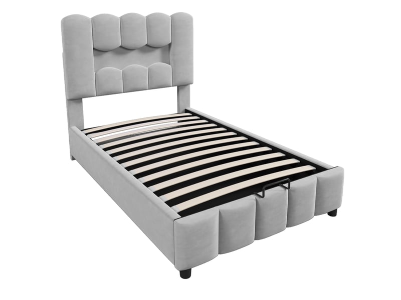 Lit d'enfant 90 x 200 cm, avec éclairage led, tête de lit, rangement à vérins hydrauliques, en velours, gris - Conforama R