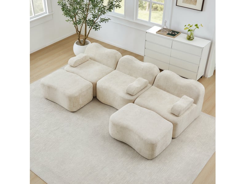  Canapé modulable 3 places en u avec 2 ottomans en velours beige  - Conforama C