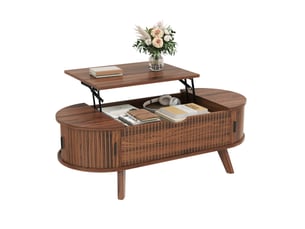 Table basse ovale relevable, plateau réglable en hauteur, grand rangement caché, 2 portes coulissantes, effet bois rainuré
