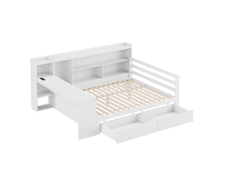  Lit banquette en bois massif 140*200 cm blanc, bureau, bibliothèque, prises et 2 grands rangements  - Conforama A