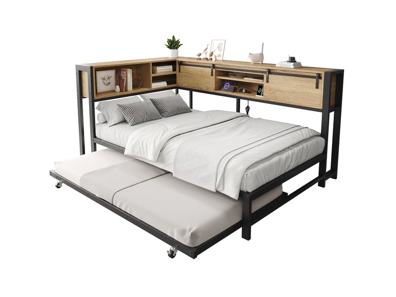  Lit gigogne tcqpz métal 120 x 200 cm avec lit coulissant 90 x 190 cm rangement tête de lit noir et naturel  - Conforama A