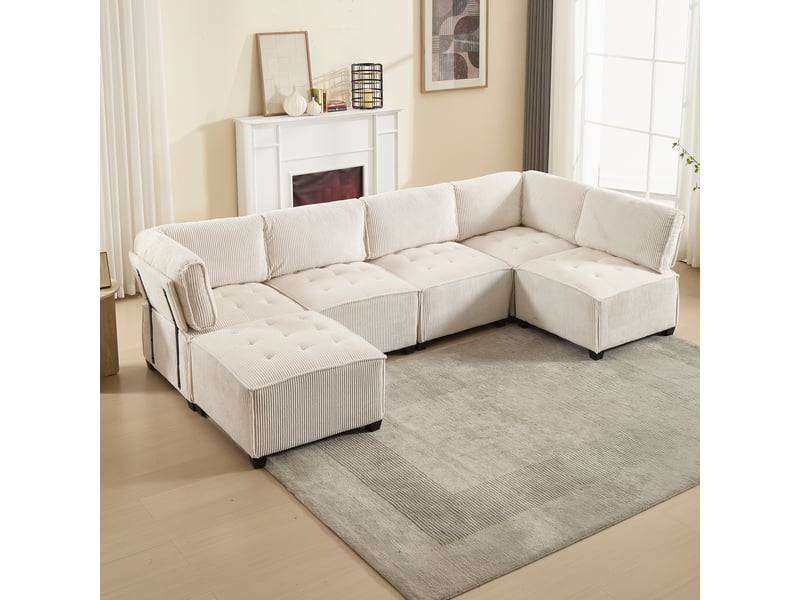  Canapé d’angle modulable 6 places 308x154x81,99 cm, forme u-l et fonction couchage, poches de rangement, structure bois-métal, velours côtelé beige  - Conforama E