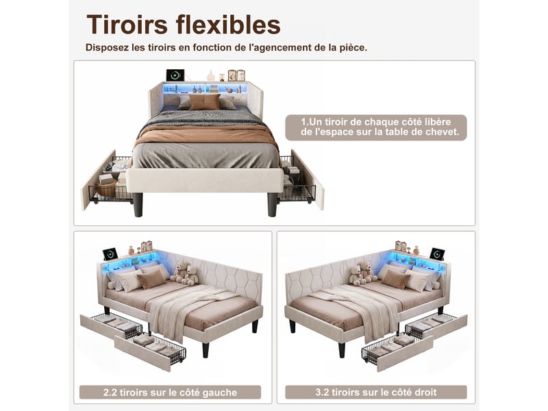  Lit 90x200 avec sommier, lit gigogne avec 2 tiroirs,canape lit avec led et ports usb, cadre lit 1 personne pour adosadulte,beige velours  - Conforama D