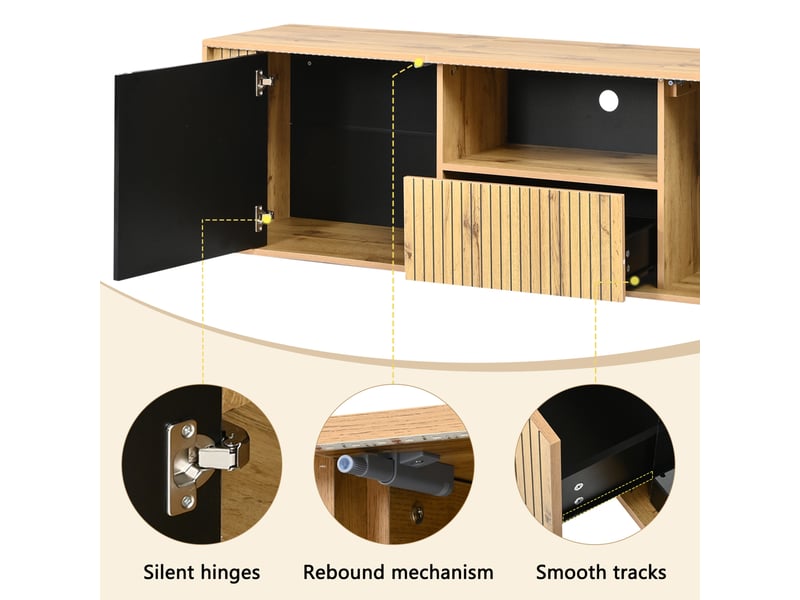  Meuble tv bas 180x40x51 cm, led bluetooth, 2 portes, 1 tiroir, mdf et panneaux de particules, noir et bois naturel  - Conforama E
