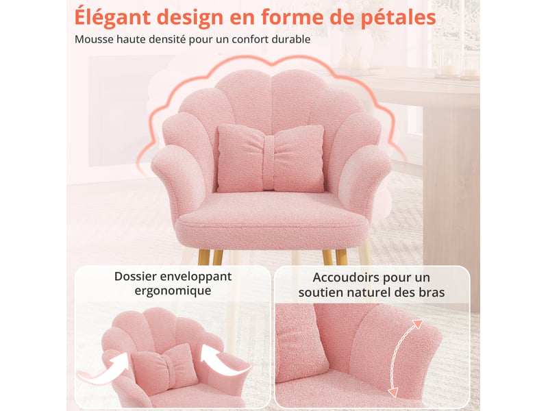  Lot de 2 fauteuils 64x65,5x85 cm, dossier pétale, accoudoirs, coussins nœud, tissu teddy, rose  - Conforama E