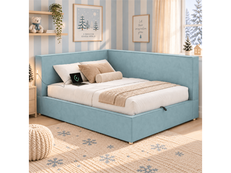  Lit-banquette, 90×200 cm, simple, capitonné, rangement, sommier, led + usbtype-c, velours, bleu  - Conforama B